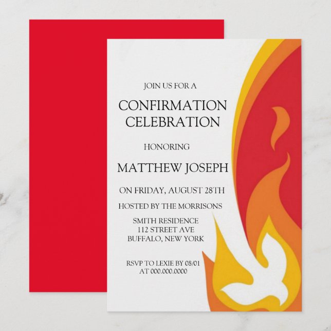 Trendy Red Yellow Dove Fire Confirmation Invitation (Front/Back)