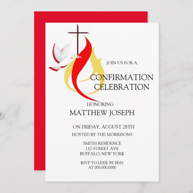 Trendy Red Yellow Dove Fire Confirmation Invitation (Front/Back)