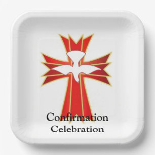 Trendy Red Yellow Fire and Dove Cross Confirmation Paper Plate