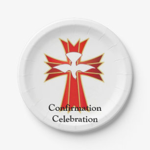 Trendy Red Yellow Fire and Dove Cross Confirmation Paper Plate