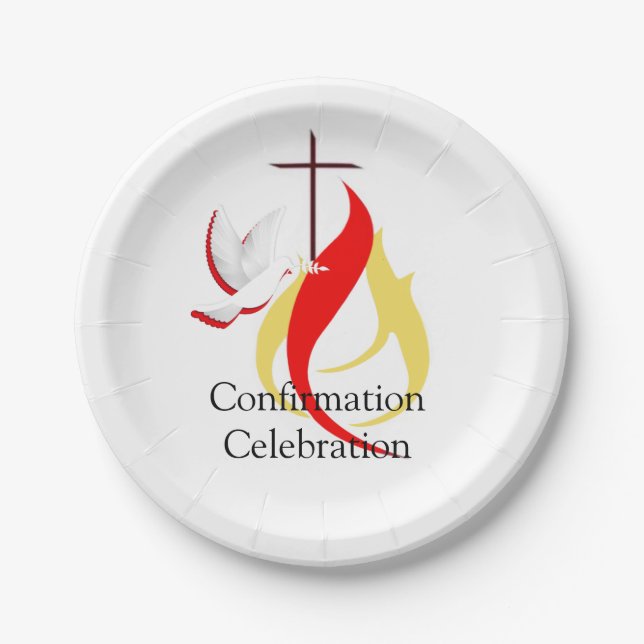 Trendy Red Yellow Fire and Dove Cross Confirmation Paper Plate (Front)