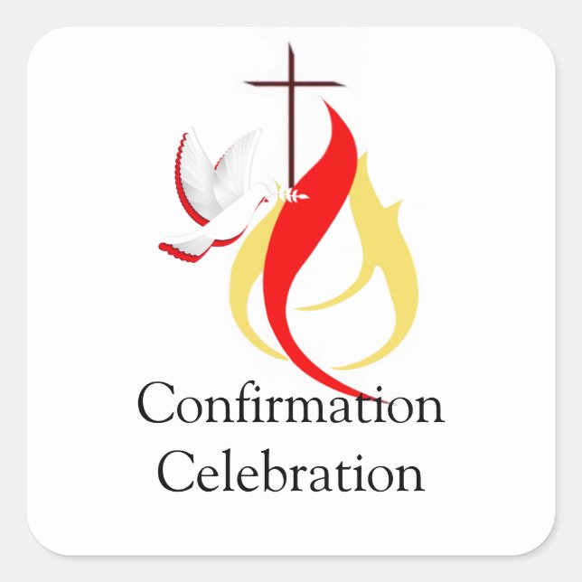 Trendy Red Yellow Fire Cross Dove Confirmation Square Sticker (Front)