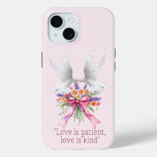 Trendy Religious Pink Dot Floral Bow White Doves iPhone 15 Case