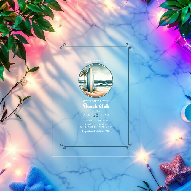 Trendy Retro Beach Club Birthday Party Acrylic Invitations (Trendy Retro Beach Club Birthday Party Acrylic Invitations)