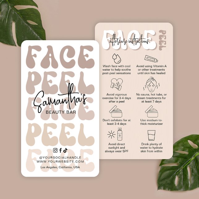 Trendy Retro Beige Chemical Face Peel Aftercare Business Card (Trendy face peel after care instructions business cards with icons and retro fonts)