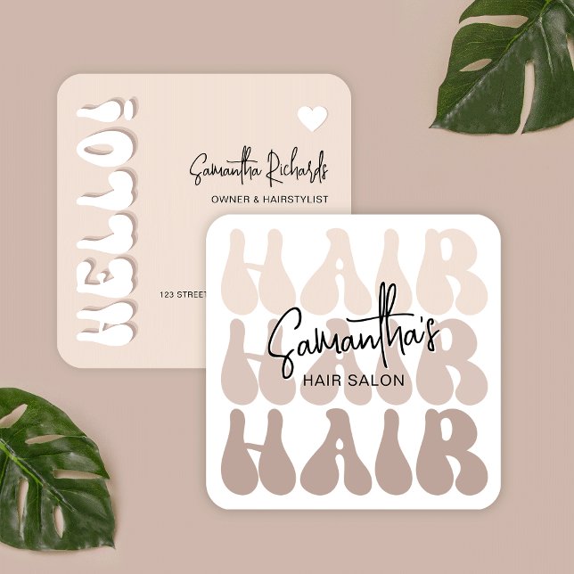 Trendy Retro Beige Hair Stylist Salon Chic Modern Square Business Card (Retro beige and white hair business cards, a trendy and chic design that is sure to impress)