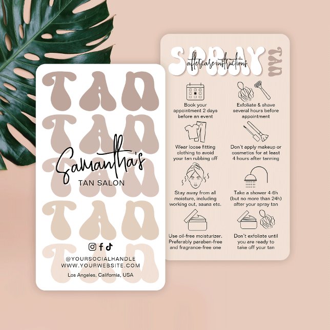 Trendy Retro Beige Spray Tan Aftercare Tanning Business Card (Trendy spray tan after care instructions cards in beige and white with retro fonts & care icons)