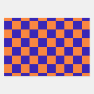 Trendy Retro Blue and Orange Chequered Squares Wra Wrapping Paper Sheet