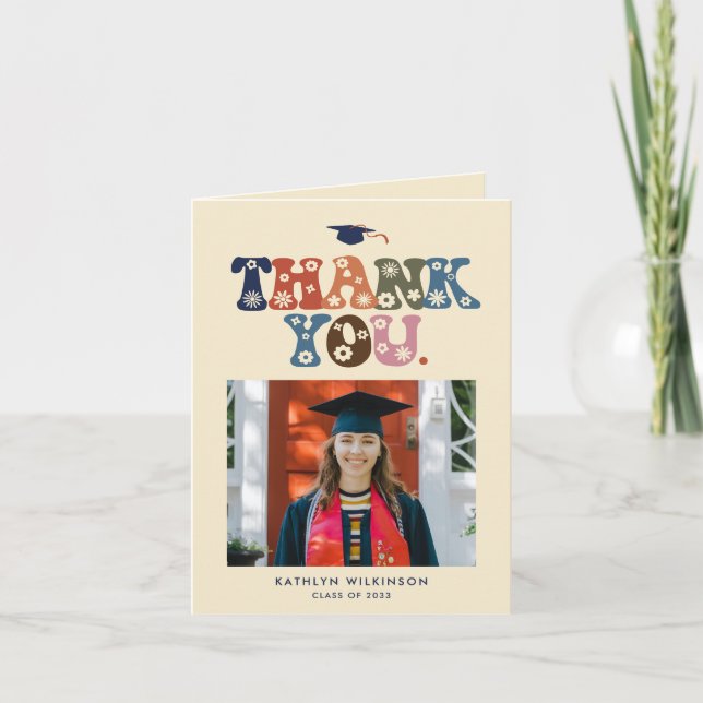 Trendy Retro Colour Typography 3 Photo Graduation Thank You Card (Front)