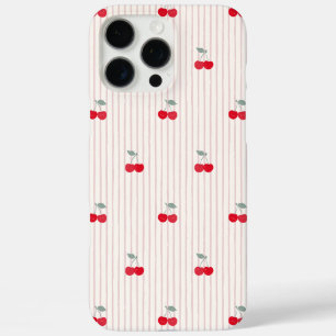 Trendy Retro Coquette Red Cherries Pinstripe iPhone 16 Pro Max Case
