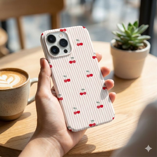 Trendy Retro Coquette Red Cherries Pinstripe Case-Mate iPhone Case (Creator Uploaded)