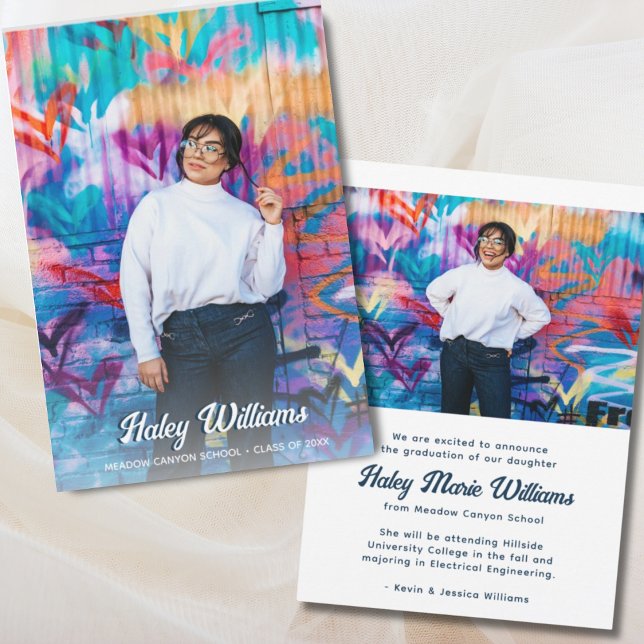 Trendy Retro Custom Two Photo Graduation Announcement (Graduation Announcement)