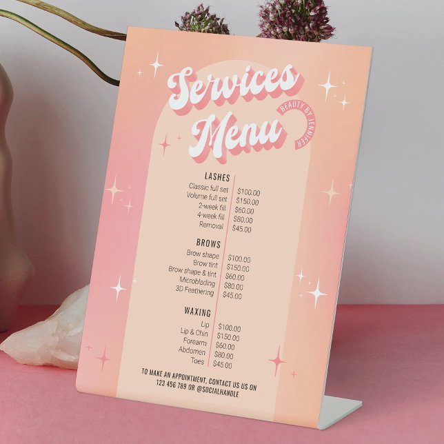 Trendy Retro Feminine Beauty Salon Price List Menu Pedestal Sign (Retro business price list pedestal sign featuring groovy fonts and pastel peach and pink color)