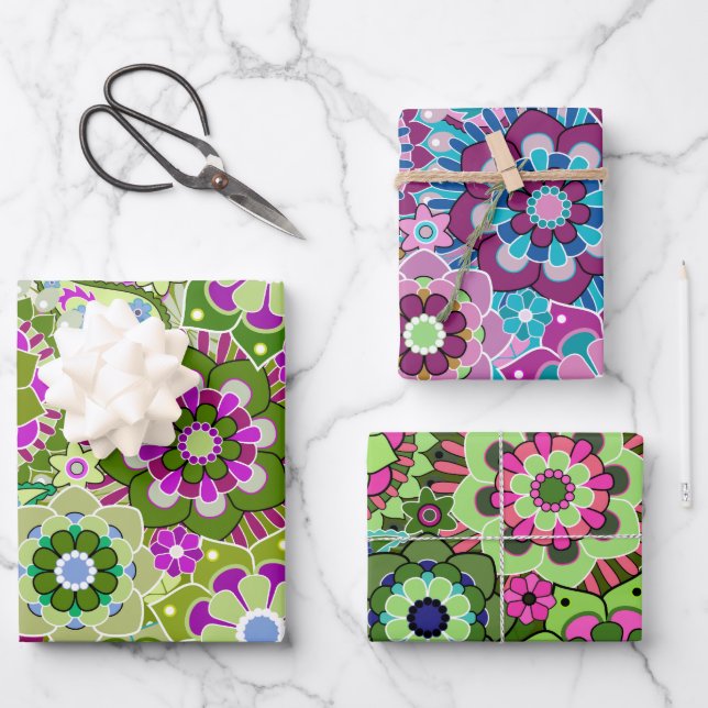 Trendy Retro Floral Pattern - colourful Wrapping Paper Sheet (Front)