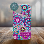 Trendy Retro Floral Pattern custom name block iPhone 15 Case<br><div class="desc">A bold, floral design with colourful shades of purple and aqua with a fun colour block to add your name or any text. The crazy flower pattern has a variety of colours. You can add a name, monogram or other custom text. If you need to move the art around, click...</div>