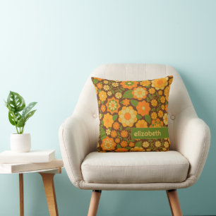 Trendy Retro Floral Pattern Custom name block  Cushion