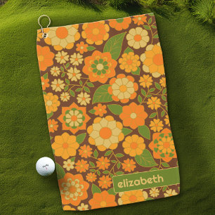 Trendy Retro Floral Pattern Custom name block Golf Towel