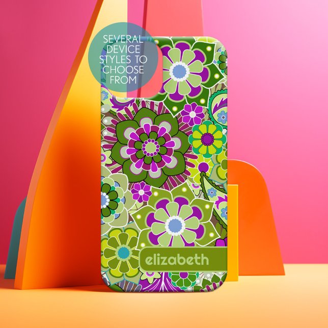 Trendy Retro Floral Pattern custom name block iPhone 15 Case (Personalized Phone Case)