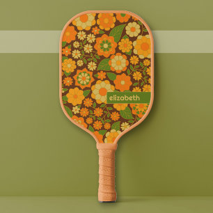 Trendy Retro Floral Pattern Custom name block  Pickleball Paddle