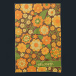 Trendy Retro Floral Pattern Custom name block  Tea Towel<br><div class="desc">A bold, floral design with colourful shades of gold, orange and green with a fun colour block to add your name or any text. The crazy flower pattern has a variety of colours. You can add a name, monogram or other custom text. If you need to move the art around,...</div>