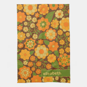 Trendy Retro Floral Pattern Custom name block  Tea Towel