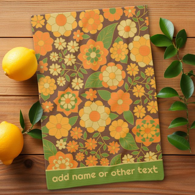 Trendy Retro Floral Pattern Custom name block  Tea Towel (Custom Kitchen Towel)