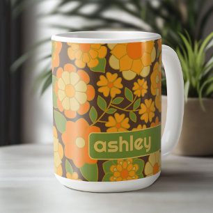Trendy Retro Floral Pattern with name block Coffee Mug