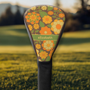 Trendy Retro Floral Pattern with name block Golf Head Cover