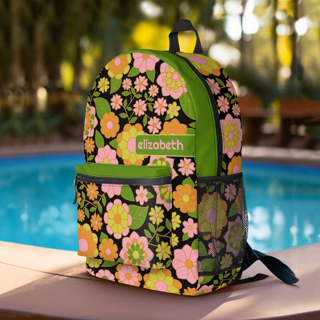 Trendy Retro Floral Pattern with name block Printed Backpack (Personalized Backpack with  Custom Name)