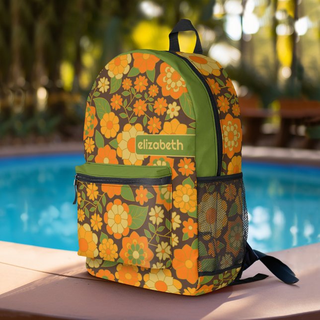 Trendy Retro Floral Pattern with name block Printed Backpack (Personalized Backpack with  Custom Name)