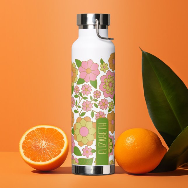 Trendy Retro Floral Pattern with name block Water Bottle (Personalized water bottle with custom text - funky flowers)