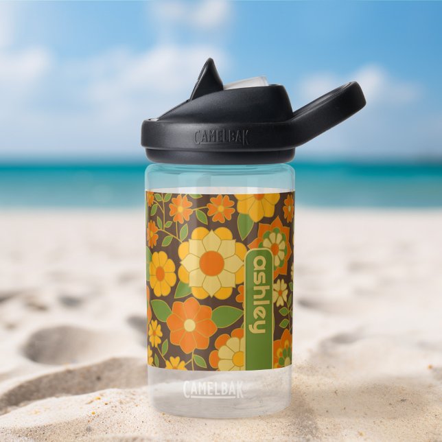 Trendy Retro Floral Pattern with name block  Water Bottle (Personalized Water Bottle)