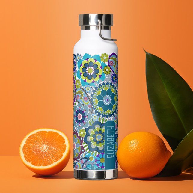 Trendy Retro Floral Pattern with name - blue green Water Bottle (Personalized water bottle with custom text - funky flowers)