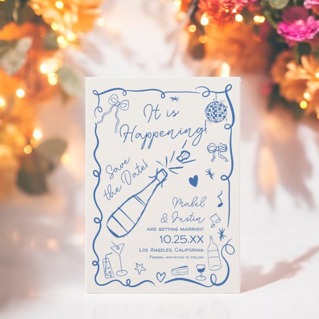 Trendy retro French blue illustrated photo wedding Save The Date (Trendy retro French blue illustrated photo wedding Save The Date)