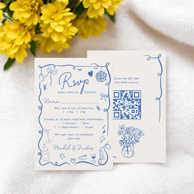 Trendy retro French blue illustrated wedding QR RSVP Card (Trendy retro French blue illustrated wedding QR RSVP Card)