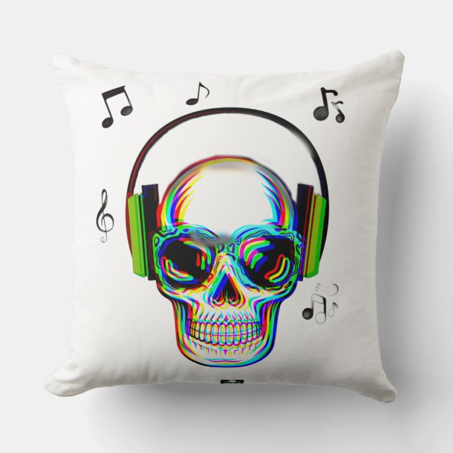 Trendy retro glitch music skull with headphones  cushion (Front)