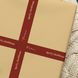 Trendy Retro Merry Christmas Custom Name Red Satin Ribbon