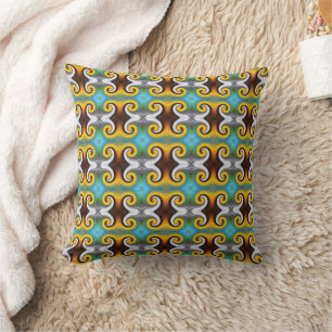 Trendy retro pattern in yellow, blue, brown, white cushion