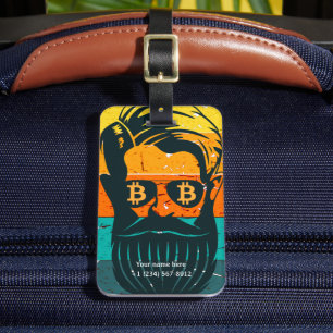 Trendy Retro Personalised Bitcoin Eyes Bearded Man Luggage Tag