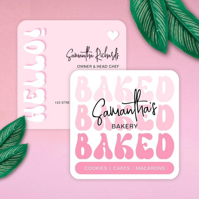 Trendy Retro Pink Bakery Pastry Chef Caterer Square Business Card (Bakery business cards in retro pink design with nostalgic fonts, girly colors and modern layout)