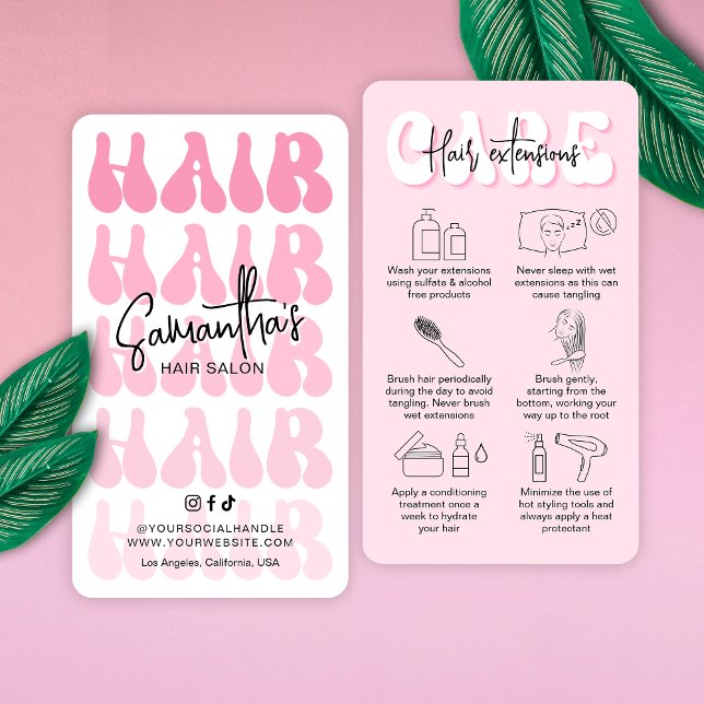 Trendy Retro Pink Girly Hair Extensions Aftercare Business Card (Trendy pink hair extensions care cards with fully editable colors and hair care icons)