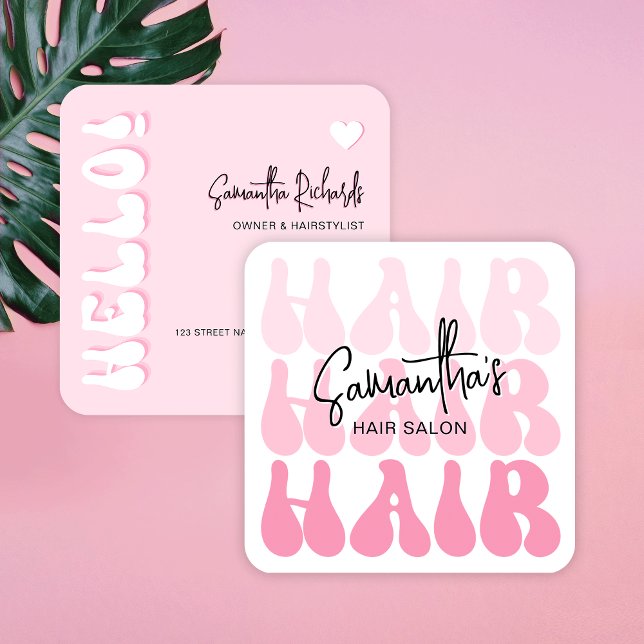 Trendy Retro Pink Hair Stylist Salon Chic Modern Square Business Card (Trendy hair stylist business cards with retro fonts and modern pink aesthetic)