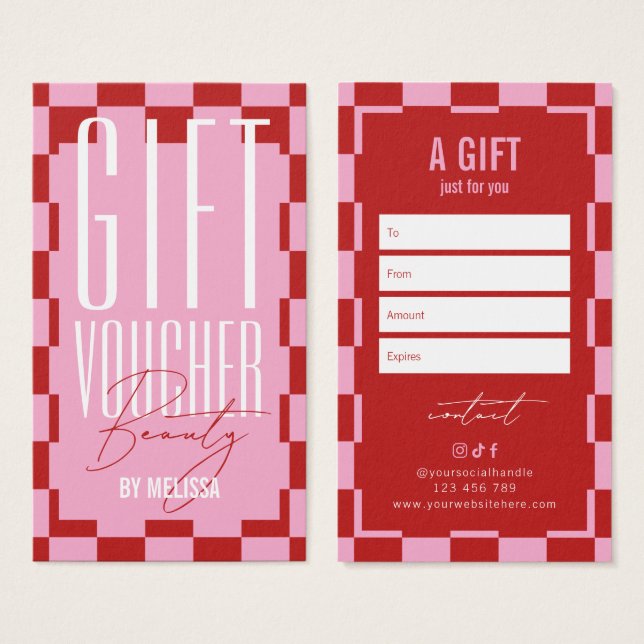 Trendy Retro Pink & Red Spa Salon Gift Voucher (Front & Back)