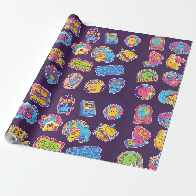 Trendy retro stickers and badges acid collection  wrapping paper (Unrolled)