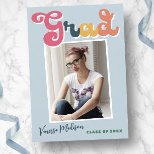 Trendy Retro Style Blue Vintage Boho Photo Grad Announcement