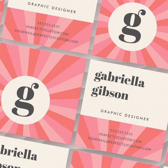 Trendy retro sunburst minimal monogram pink cream square business card (Trendy retro sunburst minimal monogram pink cream square business card)