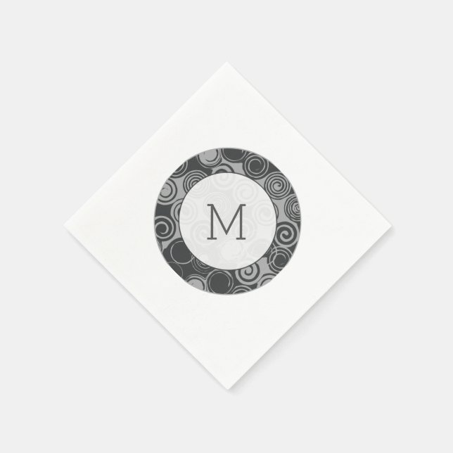 Trendy Retro Swirls Silver Grey Monogram Napkin (Corner)
