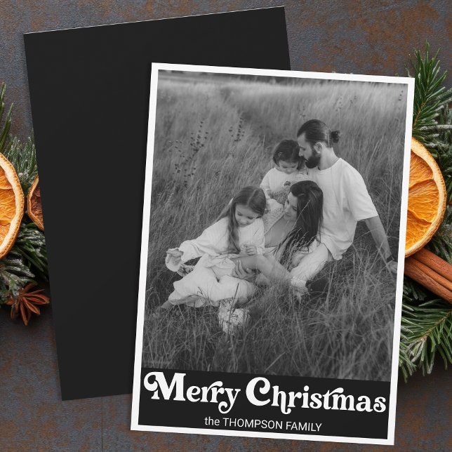 Trendy Retro Typography Black Christmas Photo Holiday Card (Creator Uploaded)