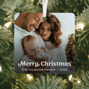 Trendy Retro Typography Family Photo Christmas Metal Tree Decoration
