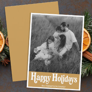 Trendy Retro Typography Gold Photo Happy Holiday Card